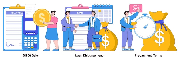 Concept de conditions de remboursement anticipé de déboursement de prêt avec des personnages de personnes Accord financier signature pack d'illustrations vectorielles abstraites Document juridique métaphore des documents commerciaux