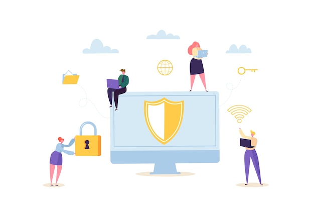 Concept de confidentialité de la protection des données. Technologies Internet confidentielles et sûres avec des caractères utilisant des ordinateurs et des gadgets mobiles. Sécurité Internet.