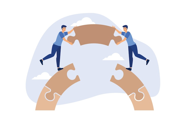 Vecteur concept de connexion d'affaires hommes d'affaires travaillant team building connecter jigsaw puzzle bridge
