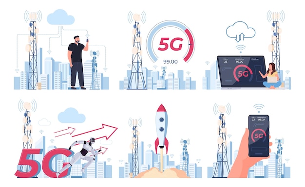 Vecteur le concept de connexion internet rapide 5g un moyen rapide et pratique de transférer des données les gens utilisent l'internet rapide