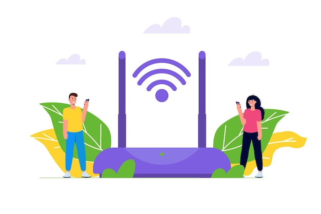 Concept De Connexion Wi-fi. Appareils Connectés à Distance. Illustration Vectorielle.