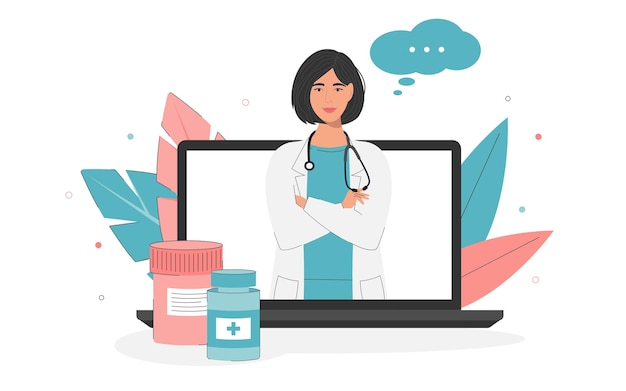 Le concept d'une consultation médicale en ligne sur les médicaments aux couleurs roses et bleues Médecine en ligne
