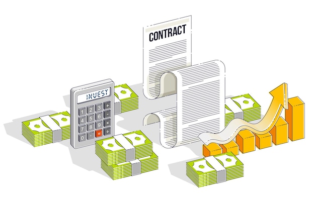 Concept De Contrat Financier, Document Papier Et Piles D'argent En Espèces Avec Calculatrice Et Graphique à Barres De Croissance Isolés. Illustration Vectorielle Isométrique Des Affaires Et Des Finances, Conception De Lignes Fines 3d.