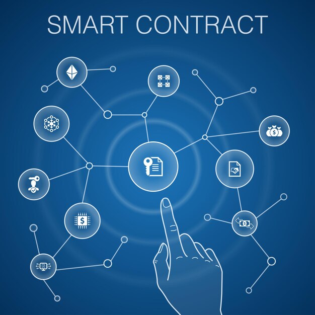 Concept de contrat intelligent, fond bleu.blockchain, transaction, décentralisation, icônes fintech