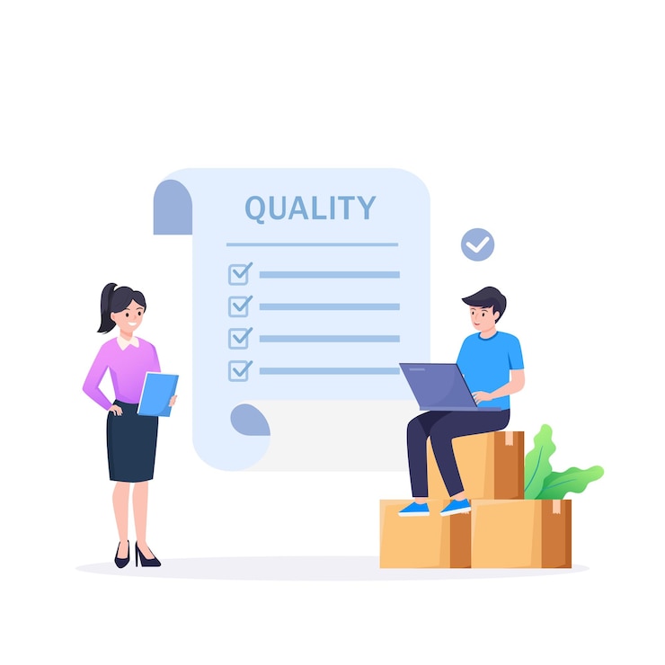 Vecteur concept de contrôle de la qualité vectoriel les hommes d'affaires confirment et certifient un produit de qualité conformément à la norme iso 9001