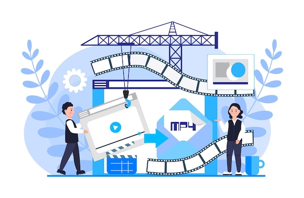 Vecteur concept de convertisseur mp4 avec des personnes minuscules écran avec processus de modification ou de conversion du document dans un autre format compression de film illustration vectorielle plane pour la bannière du site web de l'application