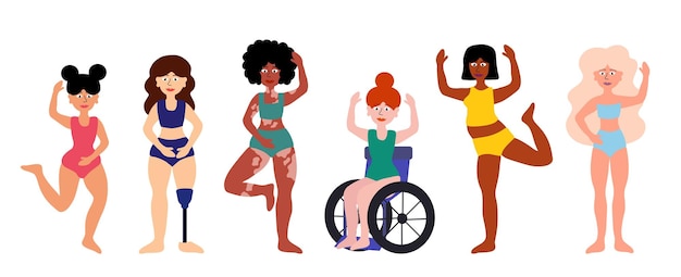 Concept de corps positif Femmes de différentes couleurs de peau groupes ethniques types de corps Invalidité vitiligo