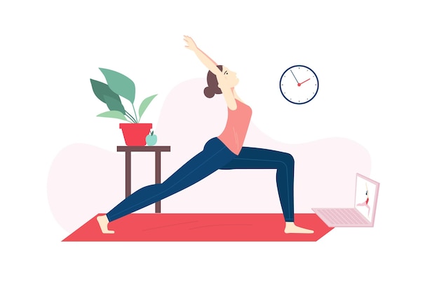 Concept de cours de yoga en ligne Fille faisant du yoga en ligne à la maison à l'aide de son ordinateur portable