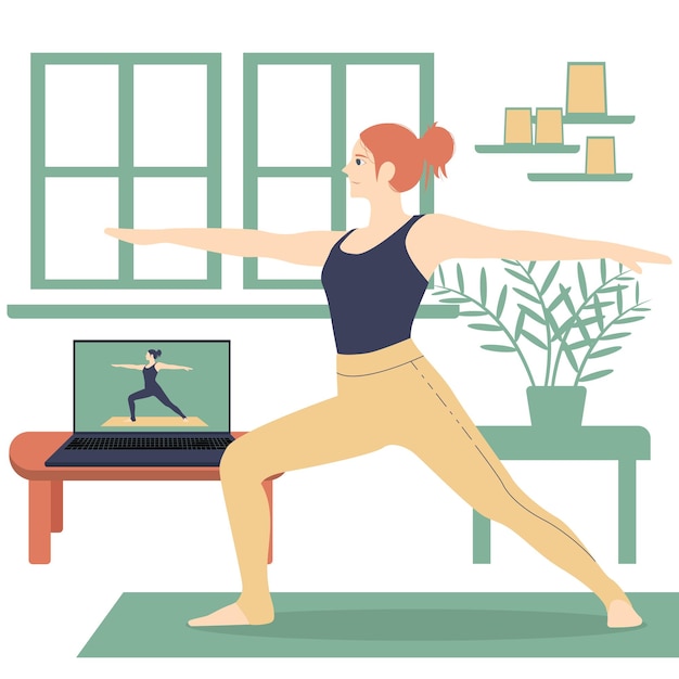 Concept de cours de yoga en ligne avec ordinateur portable et femme