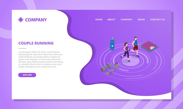 Concept De Course Et De Jogging En Couple Pour Le Modèle De Site Web Ou La Page D'accueil De Destination Avec Un Style Isométrique