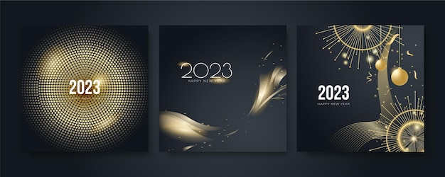 Concept créatif de l'ensemble d'affiches Happy New Year 2023 Modèles de conception avec logo typographique 2023 pour la célébration et la décoration de la saison Arrière-plans minimalistes à la mode pour la carte de couverture de la bannière de marque