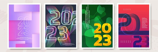 Vecteur concept créatif de l'ensemble d'affiches happy new year 2023 modèles de conception avec logo typographique 2023 pour la célébration et la décoration de la saison arrière-plans minimalistes à la mode pour la carte de couverture de la bannière de marque