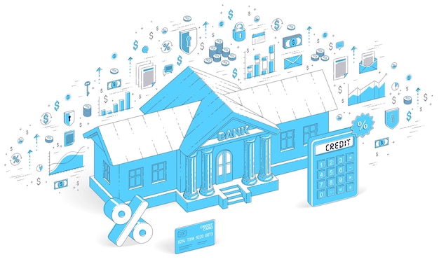 Concept De Crédit, Bâtiment Bancaire Avec Calculatrice Isolé Sur Fond Blanc, Thème Bancaire. Illustration D'entreprise Isométrique 3d Vectorielle Avec Icônes, Graphiques De Statistiques Et éléments De Conception.