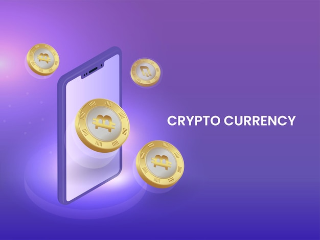 Concept de crypto-monnaie avec Smartphone 3D et Bitcoins dorés sur fond violet.