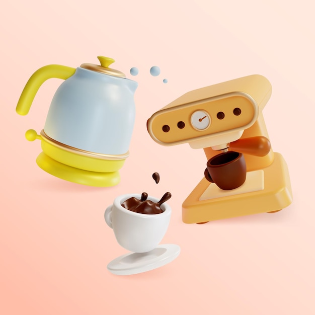 Concept de cuisine en 3D, machine à café de style dessin animé et bouilloire électrique vectorielle