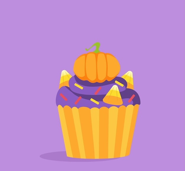 Vecteur concept de cupcake d'halloween gâteau à la citrouille dessert pour les vacances de la peur sprinkles et glaçage autocollant pour les médias sociaux illustration vectorielle plate de dessin animé isolée sur fond violet