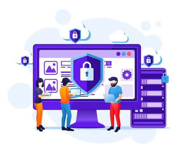 Concept de cybersécurité, les gens travaillent à l'écran pour protéger les données et l'illustration de la confidentialité
