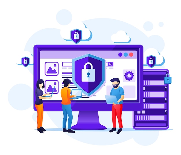 Concept De Cybersécurité, Les Gens Travaillent à L'écran Pour Protéger Les Données Et L'illustration De La Confidentialité