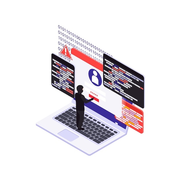 Concept de cybersécurité isométrique avec pirate informatique pénétrant dans un compte personnel sur ordinateur