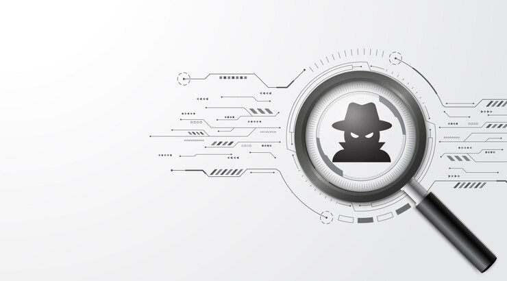 Vecteur concept de cybersécurité la loupe concentre un pirate informatique sur la carte de circuit imprimé attaque informatique et piratage de données dangers de vol sur internet arrière-plan de conception futuriste moderne illustration vectorielle