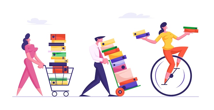 Vecteur concept de date limite avec des gens d'affaires transportent d'énormes piles de documents