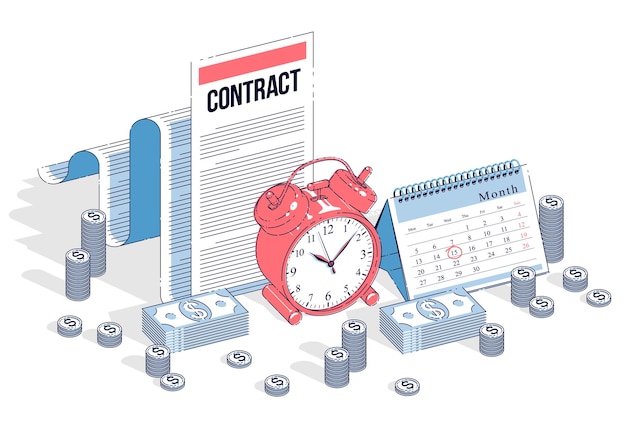 Concept de date limite, horloge de table et calendrier avec des piles d'argent en espèces et contrat papier isolé sur fond blanc. Illustration vectorielle isométrique des affaires et des finances, conception de lignes fines 3d.