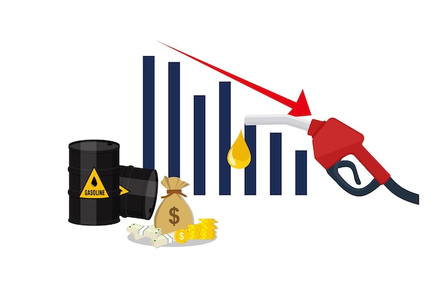 Vecteur concept de déclin du prix de l'huile de buse de pompe à carburant rouge essence isolé avec une croissance décroissante fond de graphique à barres conception de vecteur de style plat
