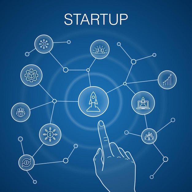 Concept de démarrage, fond bleu. Crowdfunding, lancement d'entreprise, motivation, icônes de développement de produits