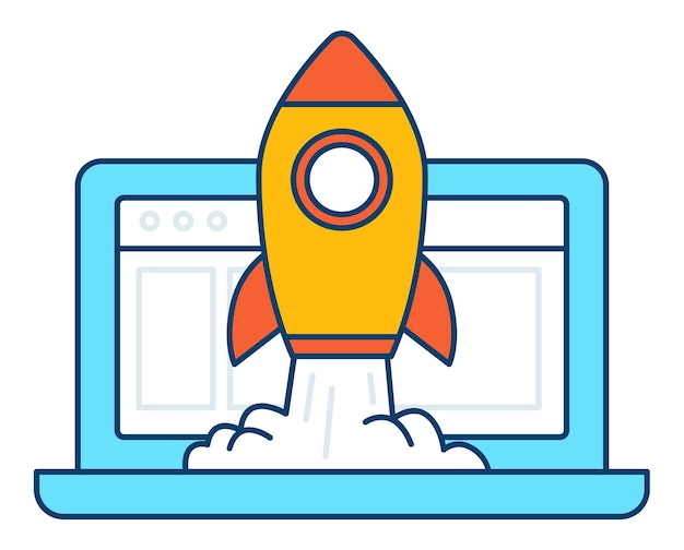 Concept de démarrage Lancement d'une fusée à partir d'un écran d'ordinateur portable Illustration vectorielle de style plat.