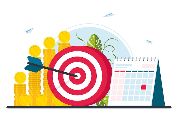 Un Concept De Dépassement Des Objectifs, De La Stratégie Commerciale, De La Réalisation Et Des Objectifs. Concept De Réalisation D'objectif Commercial. Tas De Pièces De Monnaie, Calendrier Et Cible. Illustration Vectorielle.