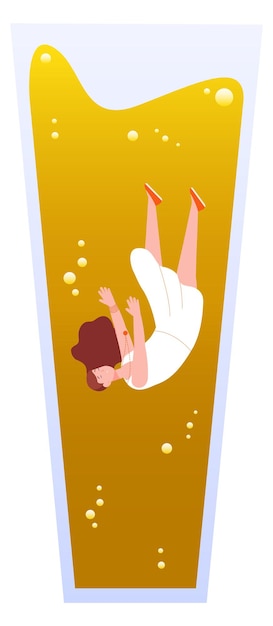 Vecteur concept de dépendance à l'alcool femme noyée dans un verre à boire