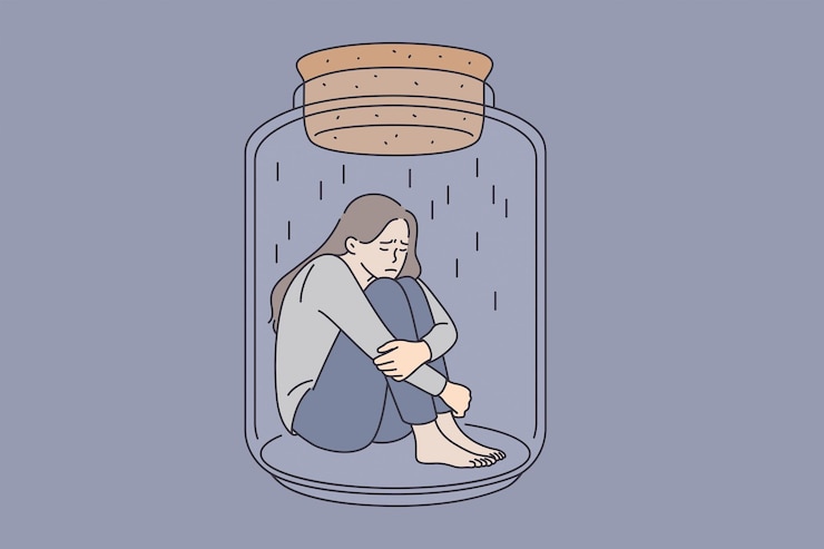 Vecteur concept de dépression et de santé mentale. jeune femme triste stressée assise dans un bocal en verre embrassant les genoux se sentant mal illustration vectorielle