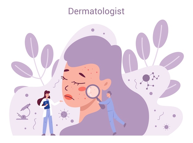 Concept de dermatologue. Spécialiste en dermatologie, traitement de la peau du visage. Idée de beauté et de santé. Schéma de l'épiderme de la peau.