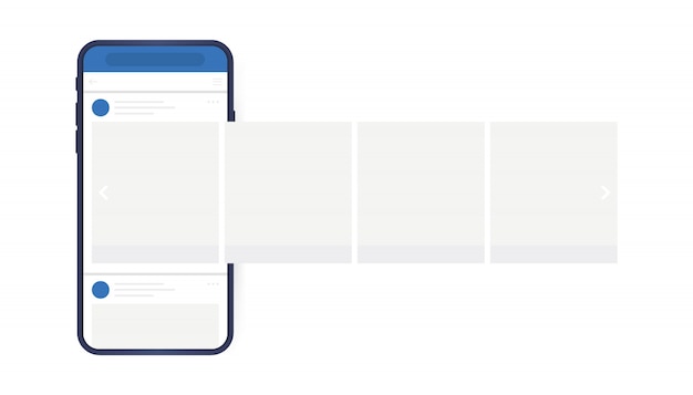 Concept de design de médias sociaux. Smartphone avec poste carrousel d'interface sur réseau social. Style plat moderne