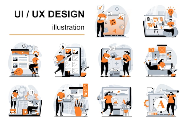 Vecteur concept de design ui ux avec des scènes de personnes définies dans un design plat illustration vectorielle histoires visuelles