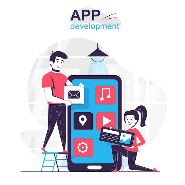 Concept De Dessin Animé Isolé De Développement D'applications Les Développeurs Créent Une Mise En Page Pour Les Applications Mobiles