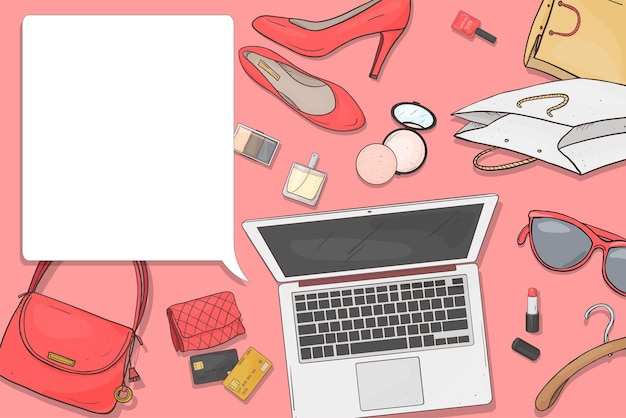 Vecteur concept dessiné à la main d'achats en ligne avec un ordinateur portable et des cosmétiques pour femmes