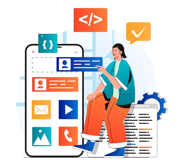 Concept de développement d'applications dans un design plat moderne Le développeur place des boutons à la mise en page