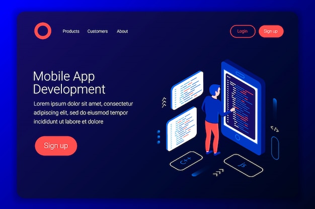 Concept de développement d'applications mobiles. Le programmeur écrit le code sur le smartphone. Flat 3d isométrique. Modèle de page de destination. illustration.