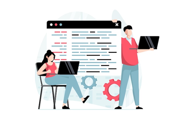 Concept de développement logiciel avec scène de personnes au design plat Homme et femme travaillant comme programmeur écrivant du code à l'aide d'ordinateurs portables développe des programmes Illustration vectorielle avec situation de caractère pour le web