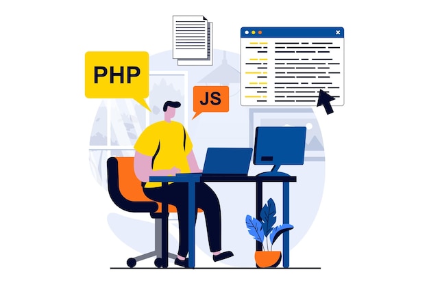 Concept De Développement Logiciel Avec Scène De Personnes Dans La Conception De Dessin Animé Plat Développeur Homme Programmant Des Problèmes De Recherche Et Fixant Le Code Travaillant Dans Une Entreprise Informatique Histoire Visuelle D'illustration Vectorielle Pour Le Web