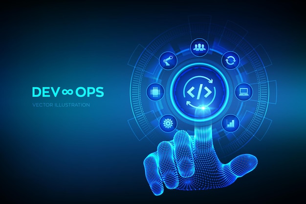 Concept de développement et d'optimisation Devops Agile sur écran virtuel Génie logiciel Méthodologie des pratiques de développement logiciel Main filaire touchant l'interface numérique Illustration vectorielle