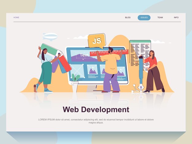 Concept de développement Web pour la page de destination au design plat Homme et femme travaillant sur le codage d'application ui créant et optimisant les mises en page Illustration vectorielle avec scène de personnes pour la page d'accueil du site Web