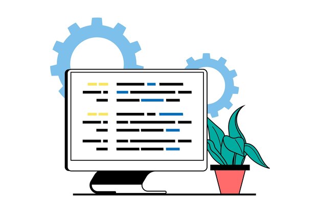 Concept de développement Web avec scène de personnes dans la conception plate produits de codage et d'ingénierie fixant les paramètres de bugs de code et optimisation illustration vectorielle pour le matériel de marketing de bannière de médias sociaux