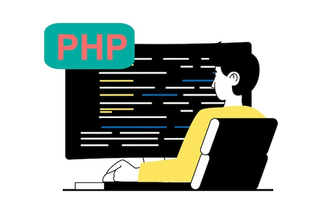 Concept de développement Web avec scène de personnes dans un design plat codage et programmation homme travaillant sur ordinateur avec code de produit abstrait illustration vectorielle pour le matériel de marketing de bannière de médias sociaux