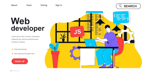 Vecteur concept de développeur web pour le modèle de page de destination le concepteur développe la mise en page du site et écrit du code scène de développement de pages en ligne illustration vectorielle avec conception de personnage plat pour bannière web