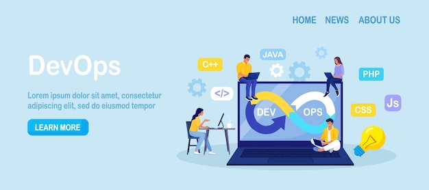 Concept DevOps Programmeurs pratique du développement et des opérations logicielles Développeur travaillant sur le processus d'exploitation support technique code de programmation Programmeur utilisant la méthode devOps Conception vectorielle