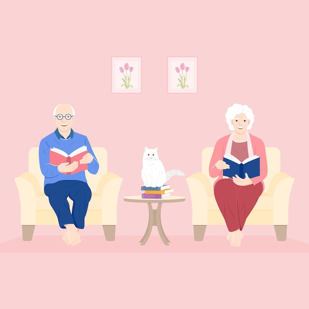 Concept Dia dos avós. Grands-parents lisant des livres dans le salon avec le chat blanc.