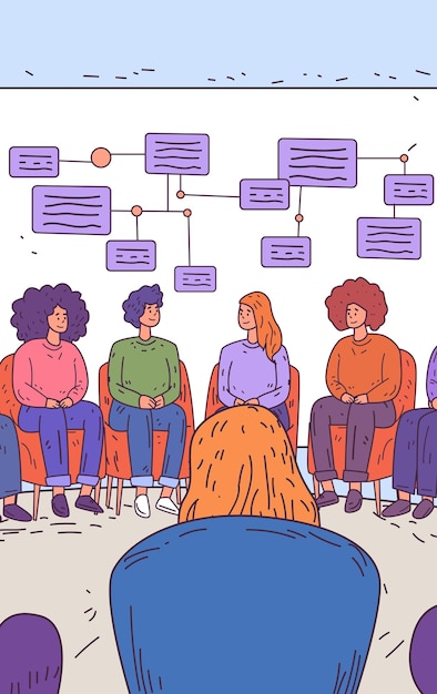 Concept de discussion de groupe personnes assises sur des chaises formant un cercle avec un diagramme de flux d'arrière-plan individus divers cadre décontracté travail d'équipe collaboration