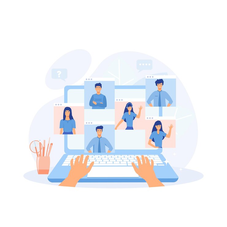 Vecteur concept de discussion en ligne et de vidéoconférence.travail à distance à la maison et utilisation d'un ordinateur portable pour la réunion vidéo, illustration moderne à vecteur plat